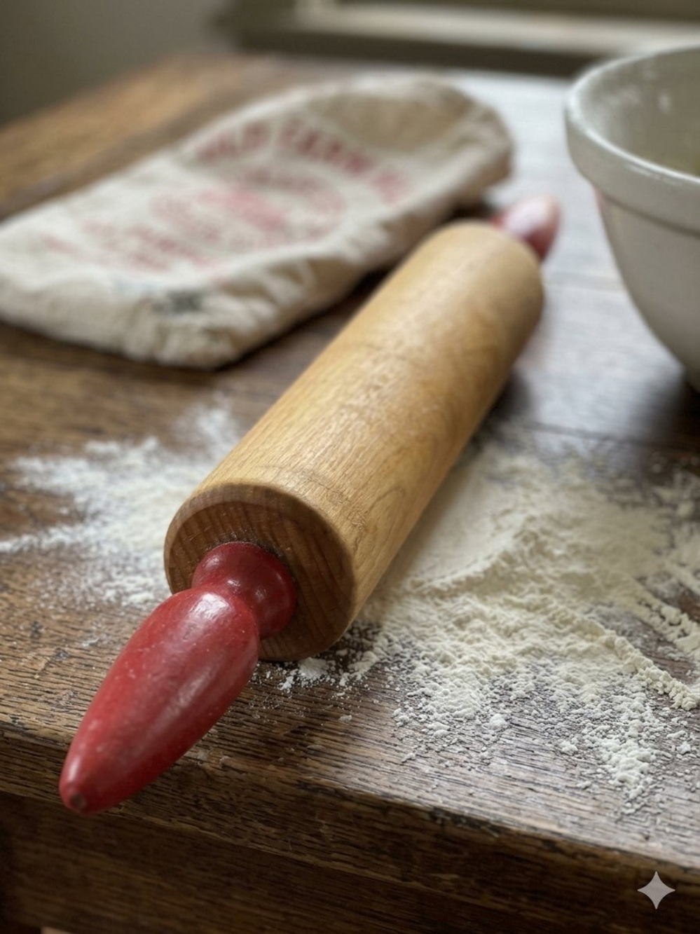 Vintage Red Handled Wooden Rolling Pin Cottage Farmhouse Baking Grandma Vibes